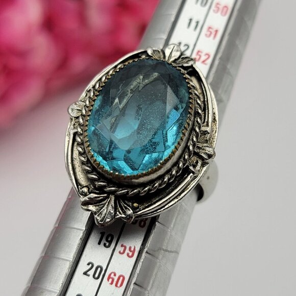 Vintage Whiting And Davis BAG Blue Crystal Cocktail Ring Size 7.5 Silver Tone - Picture 8 of 9